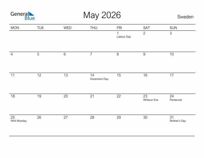 Printable May 2026 Calendar for Sweden