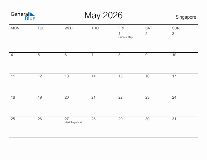 Printable May 2026 Calendar for Singapore