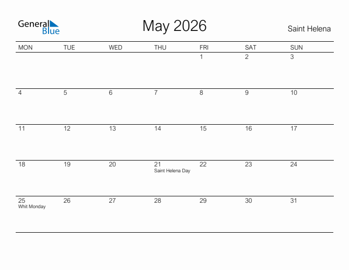 Printable May 2026 Calendar for Saint Helena