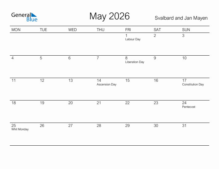 Printable May 2026 Calendar for Svalbard and Jan Mayen