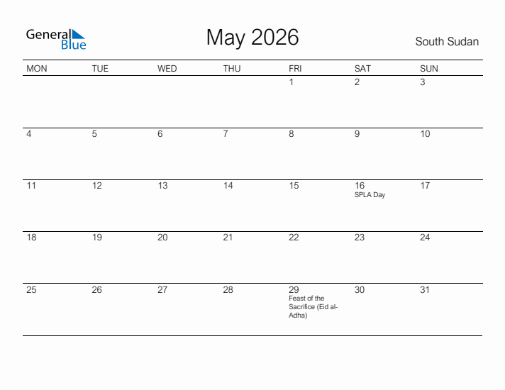 Printable May 2026 Calendar for South Sudan