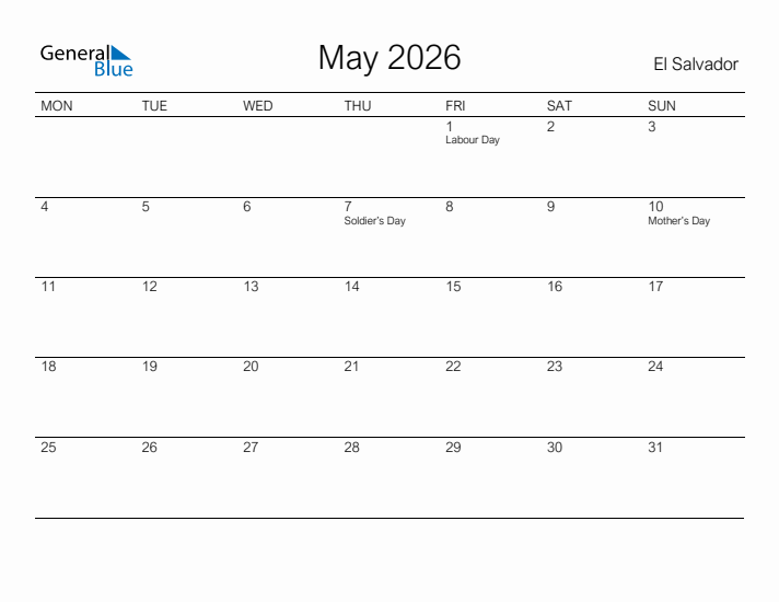 Printable May 2026 Calendar for El Salvador