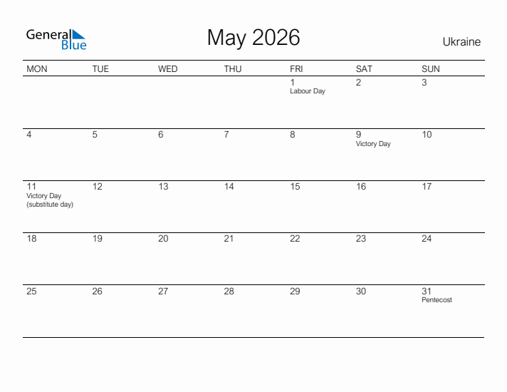 Printable May 2026 Calendar for Ukraine