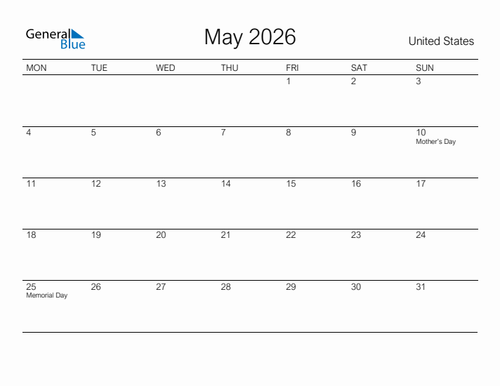 Printable May 2026 Calendar for United States