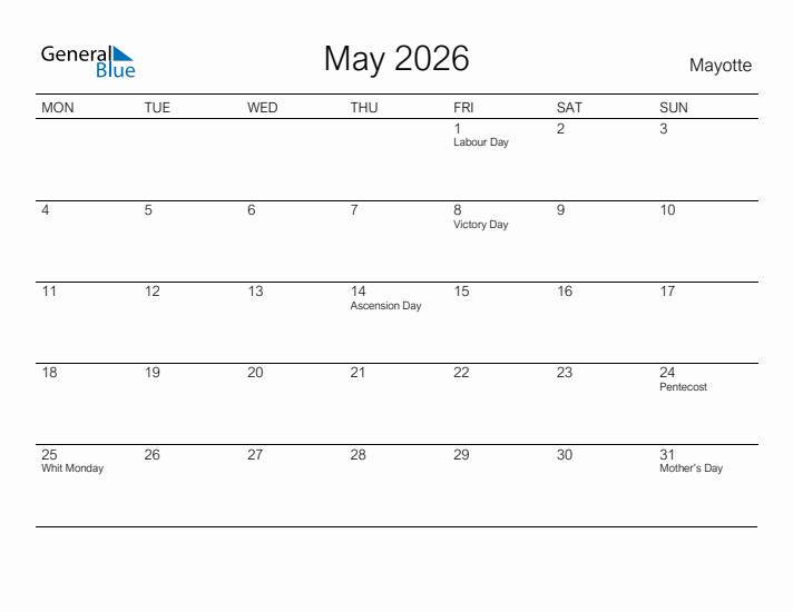 Printable May 2026 Calendar for Mayotte