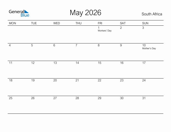Printable May 2026 Calendar for South Africa