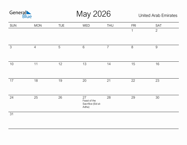 Printable May 2026 Calendar for United Arab Emirates