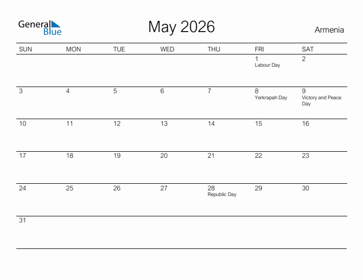 Printable May 2026 Calendar for Armenia