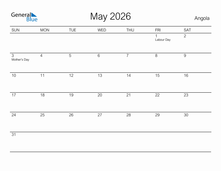 Printable May 2026 Calendar for Angola