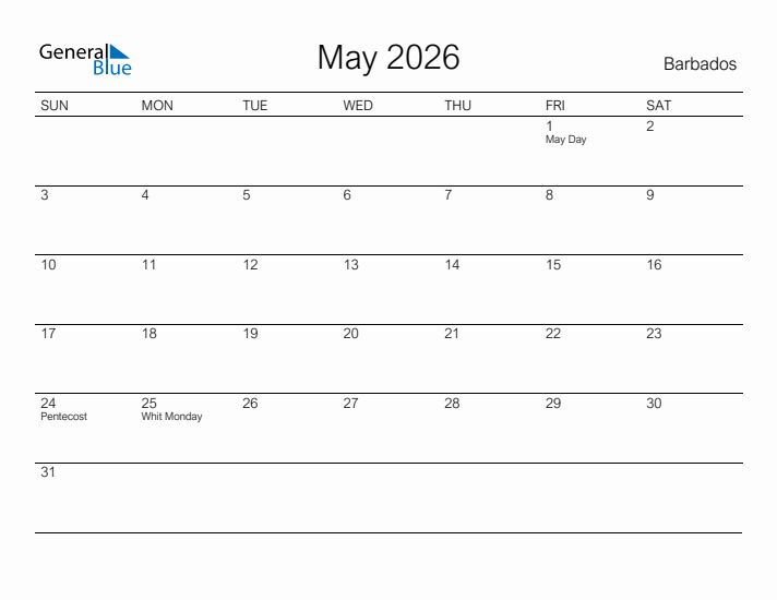 Printable May 2026 Calendar for Barbados
