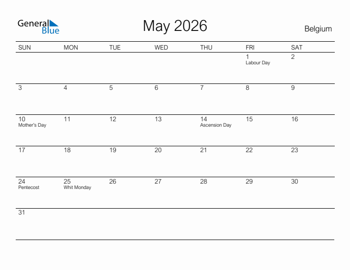 Printable May 2026 Calendar for Belgium