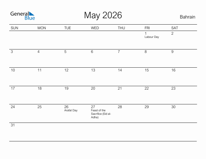 Printable May 2026 Calendar for Bahrain