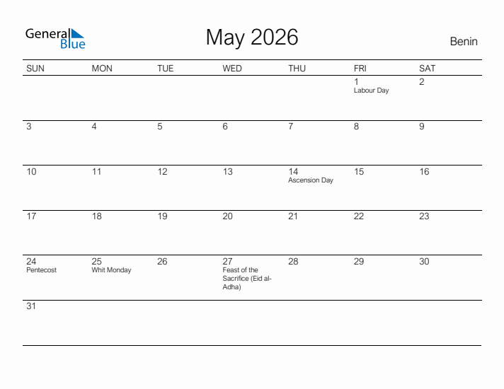 Printable May 2026 Calendar for Benin