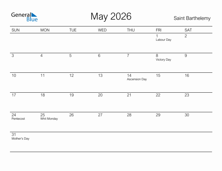 Printable May 2026 Calendar for Saint Barthelemy