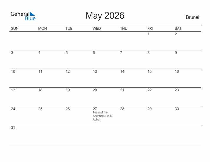 Printable May 2026 Calendar for Brunei