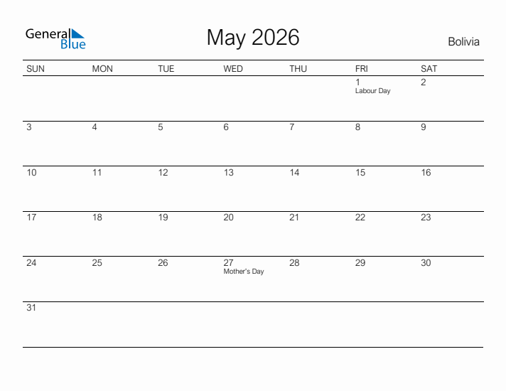 Printable May 2026 Calendar for Bolivia