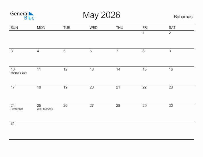 Printable May 2026 Calendar for Bahamas