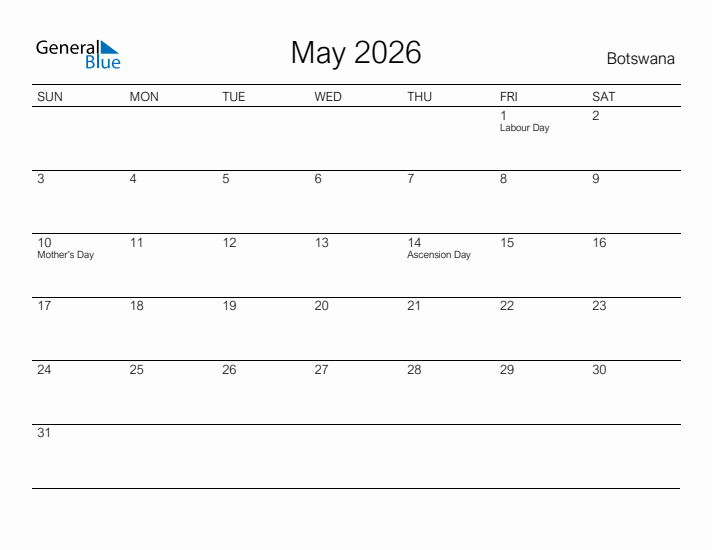 Printable May 2026 Calendar for Botswana