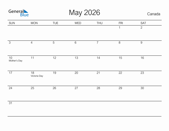 Printable May 2026 Calendar for Canada