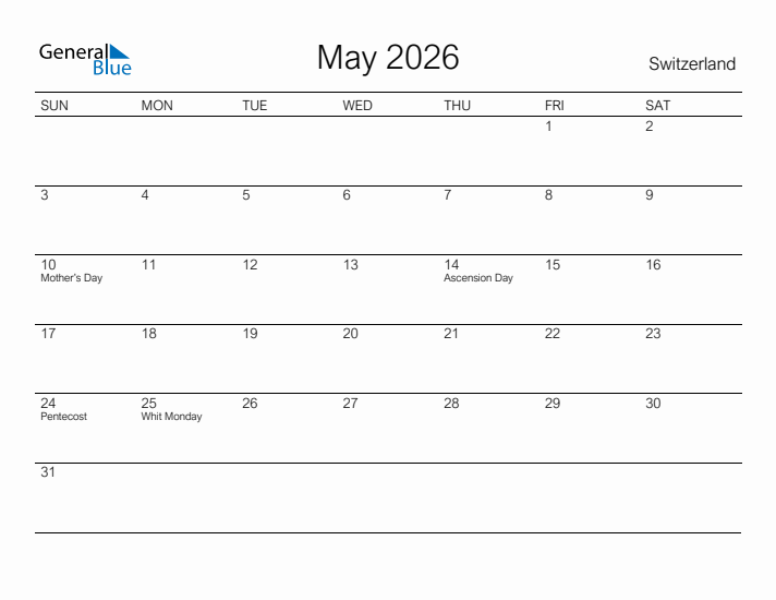 Printable May 2026 Calendar for Switzerland