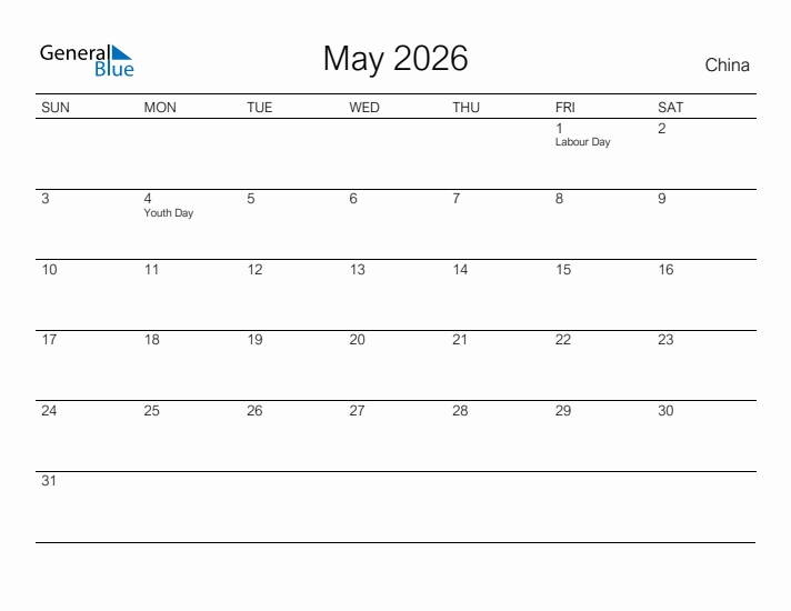 Printable May 2026 Calendar for China