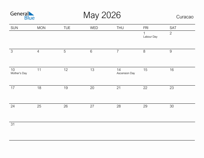 Printable May 2026 Calendar for Curacao