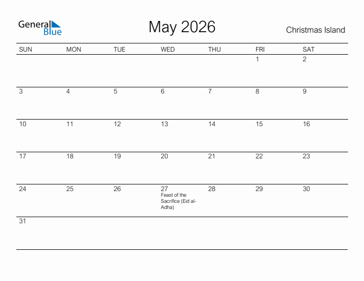 Printable May 2026 Calendar for Christmas Island