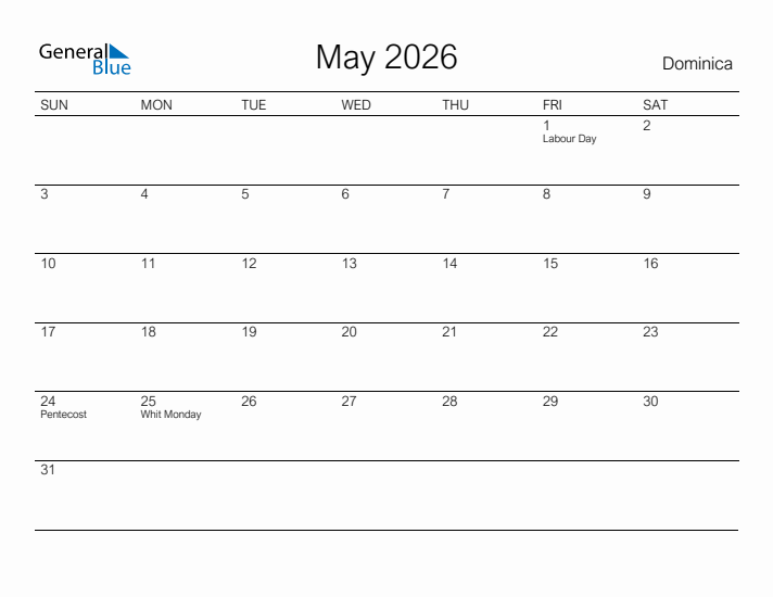Printable May 2026 Calendar for Dominica