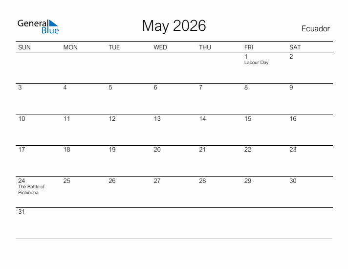 Printable May 2026 Calendar for Ecuador