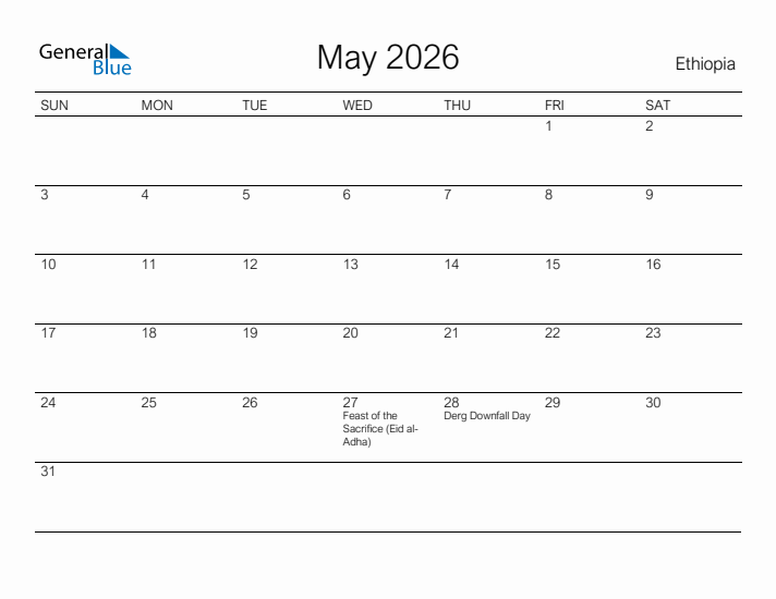 Printable May 2026 Calendar for Ethiopia