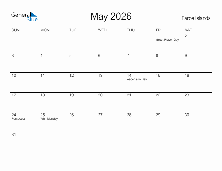 Printable May 2026 Calendar for Faroe Islands