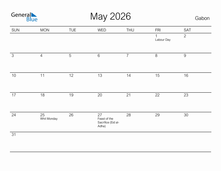 Printable May 2026 Calendar for Gabon