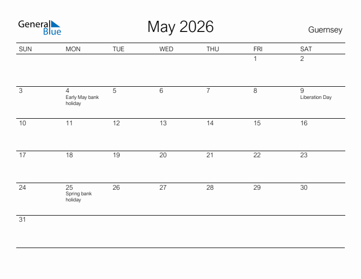Printable May 2026 Calendar for Guernsey
