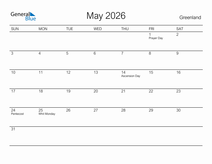 Printable May 2026 Calendar for Greenland