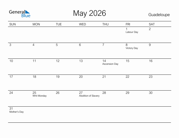 Printable May 2026 Calendar for Guadeloupe