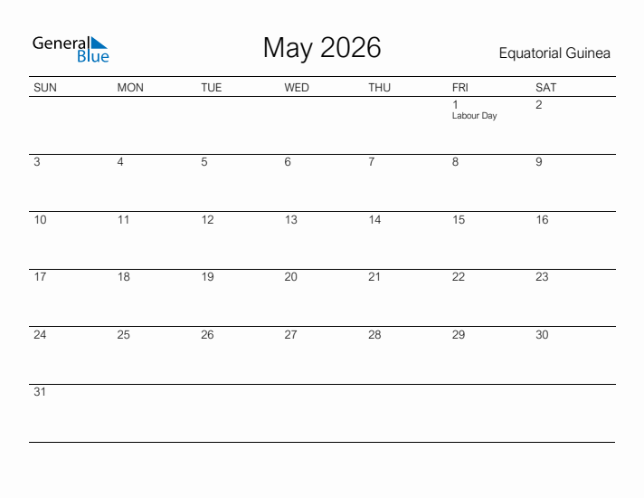 Printable May 2026 Calendar for Equatorial Guinea