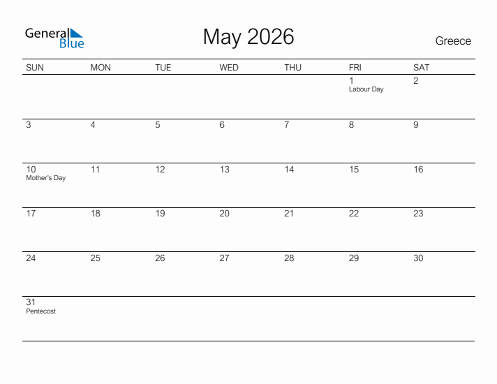 Printable May 2026 Calendar for Greece