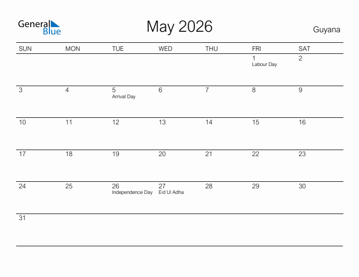Printable May 2026 Calendar for Guyana