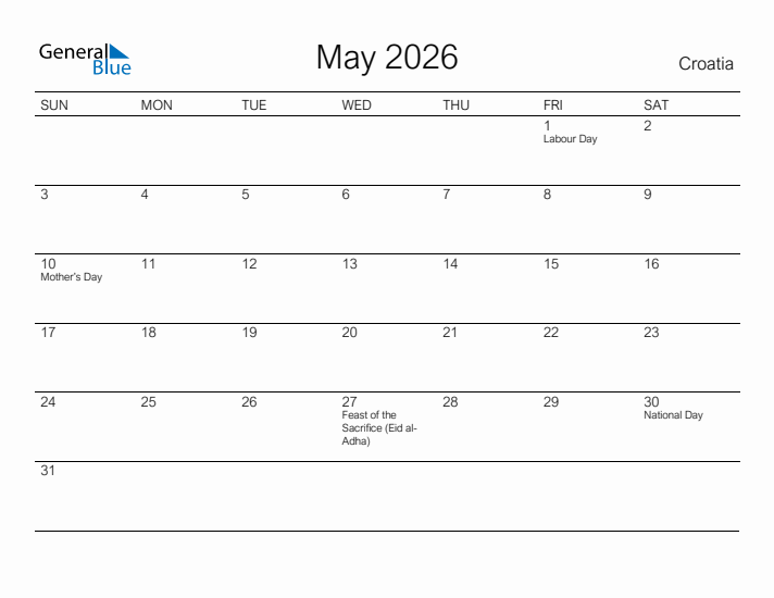Printable May 2026 Calendar for Croatia