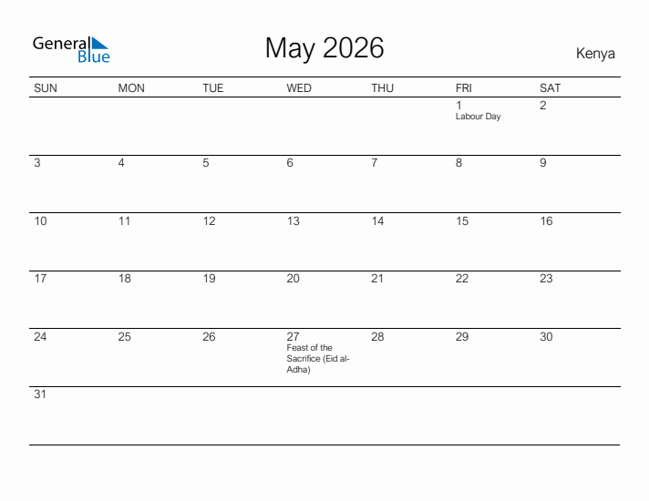Printable May 2026 Calendar for Kenya