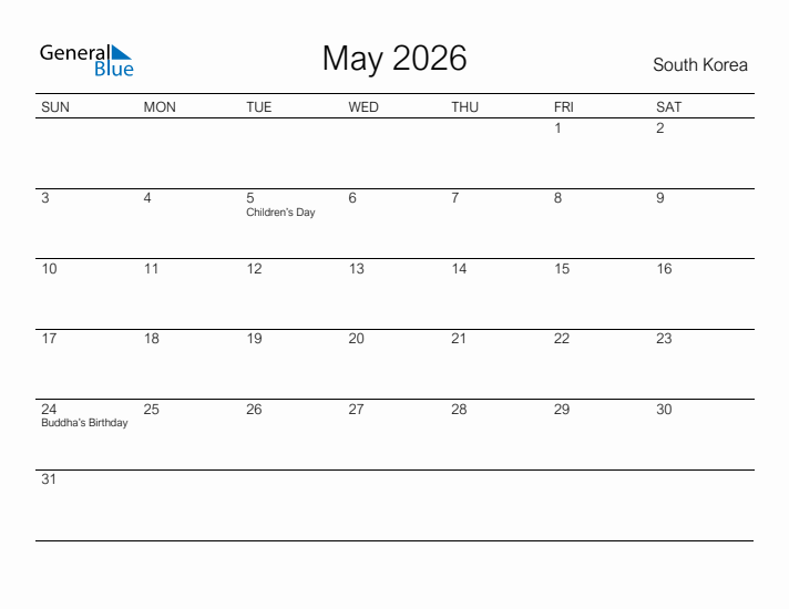 Printable May 2026 Calendar for South Korea