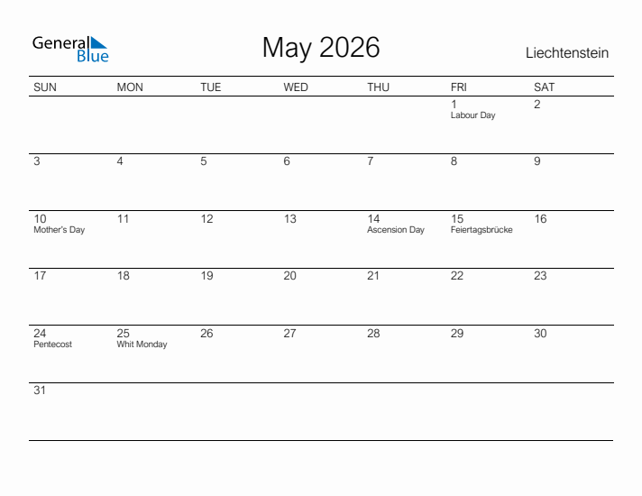Printable May 2026 Calendar for Liechtenstein