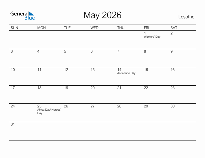 Printable May 2026 Calendar for Lesotho