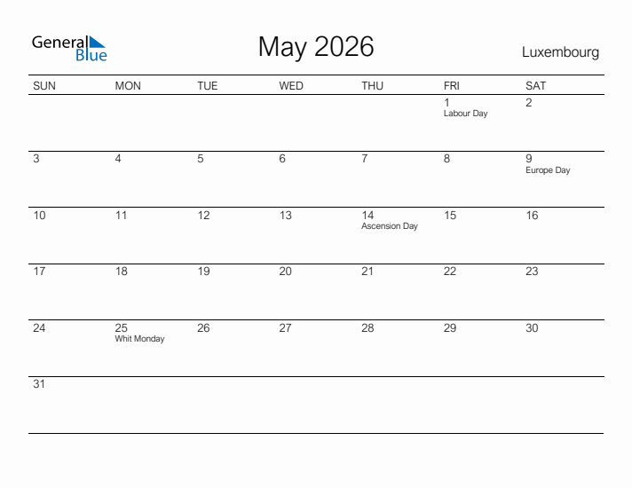 Printable May 2026 Calendar for Luxembourg