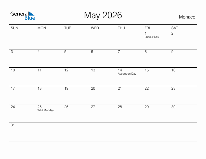 Printable May 2026 Calendar for Monaco