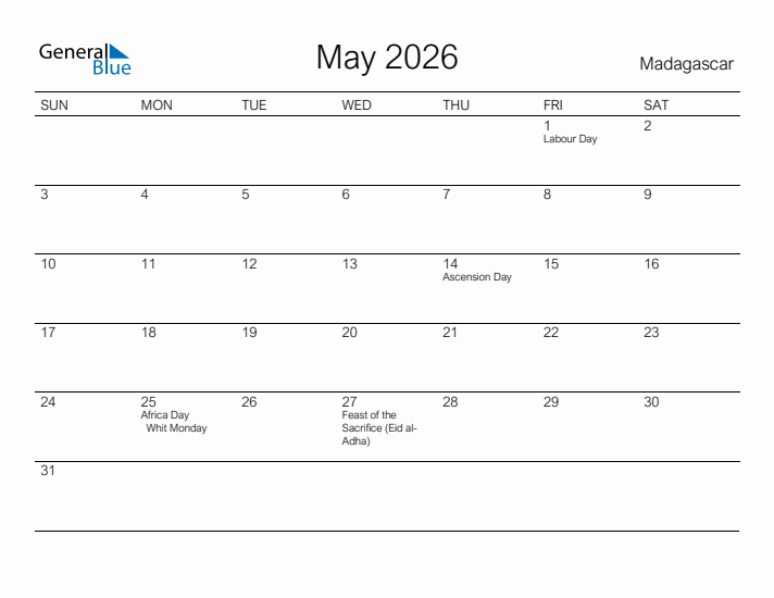 Printable May 2026 Calendar for Madagascar