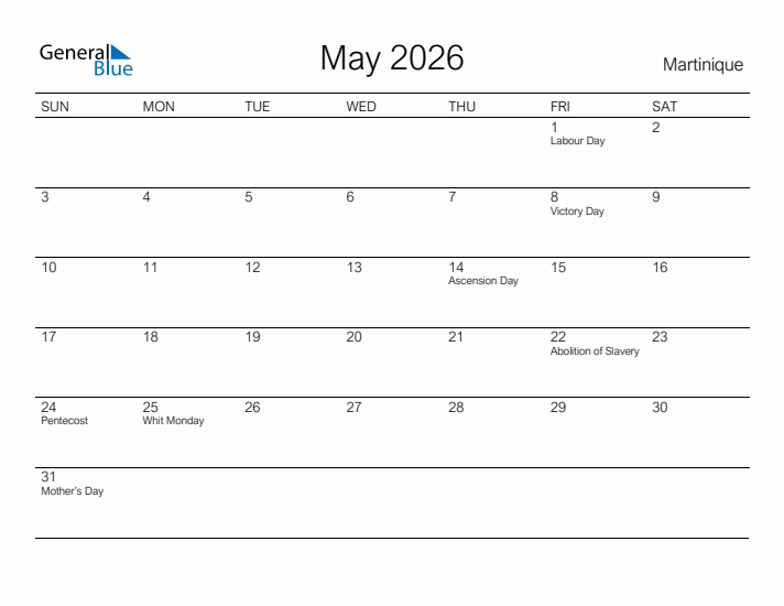 Printable May 2026 Calendar for Martinique