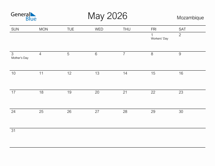 Printable May 2026 Calendar for Mozambique