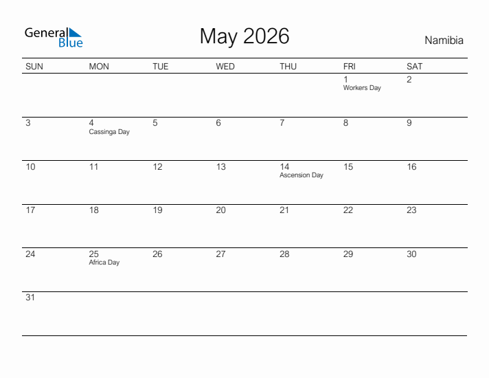 Printable May 2026 Calendar for Namibia