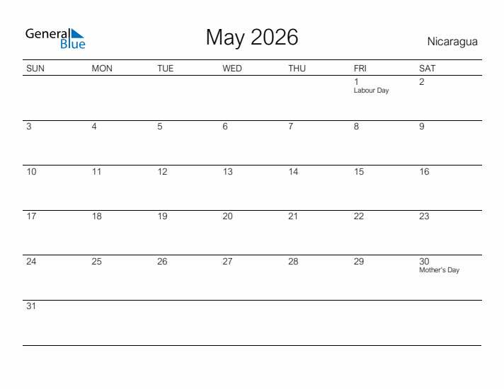 Printable May 2026 Calendar for Nicaragua